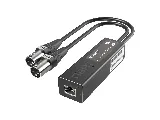 TiGHT AV AU-X2O-DA Dante audio adapter, angled view showing Ethernet port and XLR leads